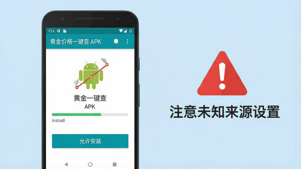 一张手机操作示意图,画面展示一部安卓手机正在安装“黄金价格一键查”APK文件的过程,屏幕上有安装进度条和“允许安装”按钮,手机旁边有一个红色警示图标和一段文字标注“注意未知来源设置”,背景为浅蓝色,风格为扁平化教程插图,细节包括安卓机器人图标、清晰的界面元素、中文字体,画质高清,画面干净,无多余元素