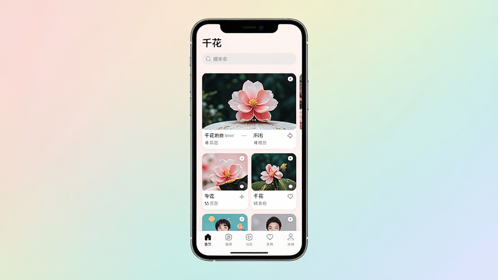 手机屏幕中央展示“千花”应用主界面,界面清爽简洁,顶部有搜索栏,中部为卡片式内容推荐区域,底部导航栏清晰可见,周围环绕浅色渐变背景,主体突出,布局居中对称,风格现代简约,细节精致,画质高清,干净无多余元素