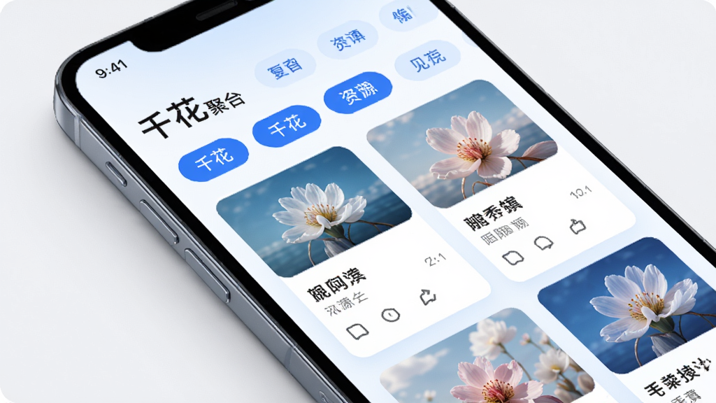 手机界面展示“千花”资源聚合页面,多个分类标签横向排列,下方为整齐的卡片列表,每张卡片带有缩略图与标题,画面以蓝白配色为主,主体为手机屏幕,布局清晰有层次,风格科技简约,细节干净,画质高清,无多余元素