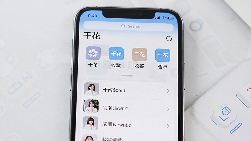 手机屏幕展示“千花”收藏管理界面,界面中有多个收藏夹图标和内容列表,顶部有搜索框,画面以浅灰和蓝色为主,主体为手机屏幕,布局整齐,风格简洁商务,细节清晰,画质高清,无多余元素