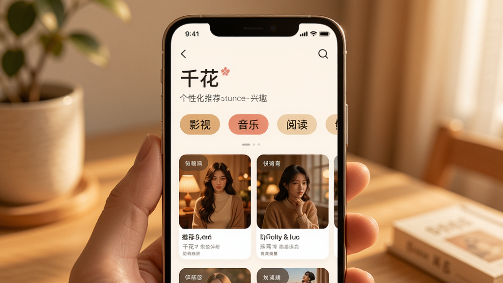 手机屏幕展示“千花”个性化推荐页面,界面中有多个兴趣标签如“影视”“音乐”“阅读”等,下方为推荐内容卡片,画面以暖色系为主,主体为手机屏幕,布局居中,风格温馨现代,细节丰富,画质高清,无多余元素