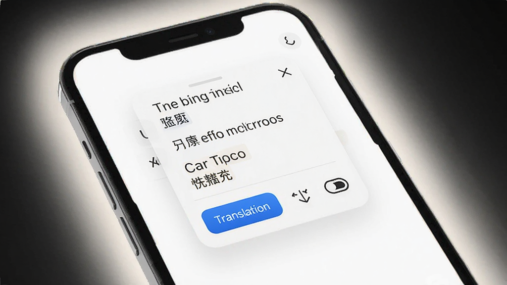 一张展示智能手机屏幕的图片,屏幕中央显示悬浮翻译窗口,窗口内是英文菜单被翻译成中文的过程,背景是简洁的白色界面,手机周围有柔和的光晕,风格为现代科技感,细节包括翻译按钮和语言切换图标,画质清晰干净,无多余元素