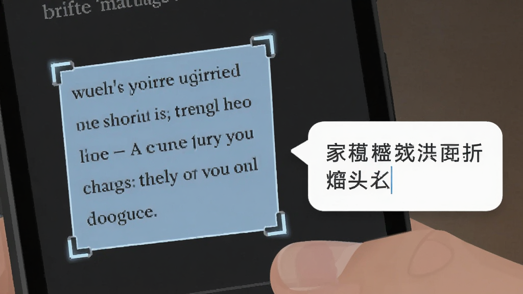 一张展示手指在手机屏幕上框选英文段落的图片,框选区域高亮显示,旁边弹出中文翻译结果,背景是深色阅读模式界面,风格为扁平化设计,细节包括选择框的边角和翻译气泡,画质干净清晰