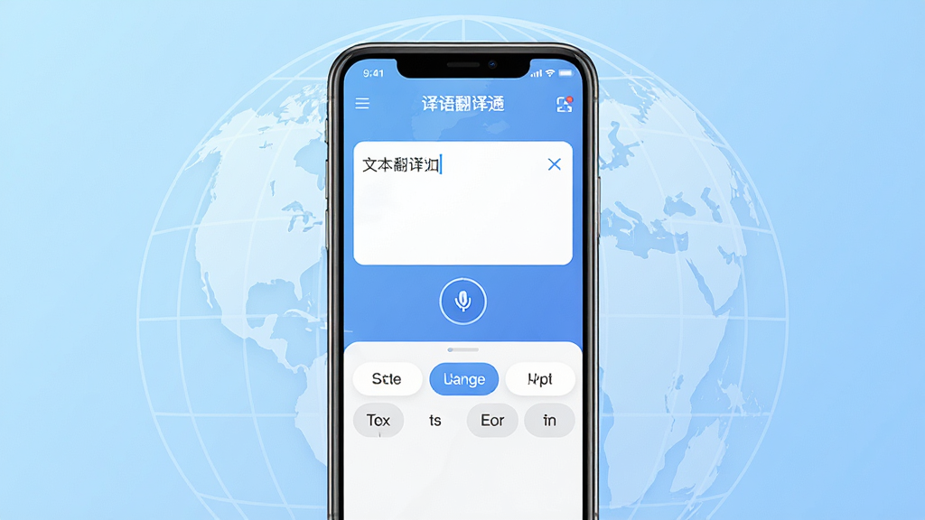 译语翻译通手机应用主界面展示,画面中央放置一部智能手机,屏幕显示翻译软件首页,包含文本输入框、语音按钮和语言选择栏,背景为浅蓝色渐变与地球经纬线图案,布局居中对称,风格简洁科技感,细节清晰可见图标和文字“译语翻译通”,画质高清,干净,无多余元素