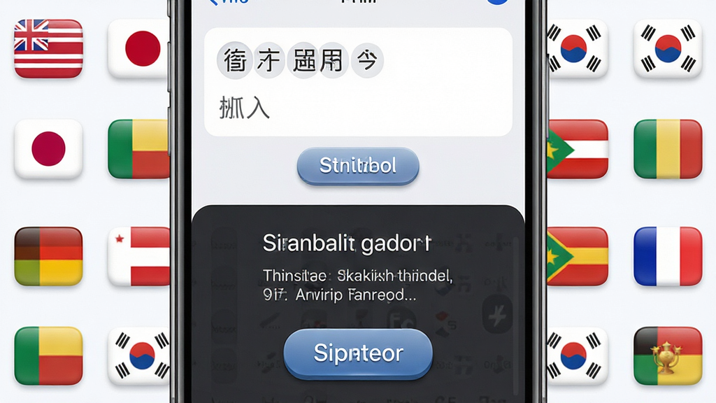 译语翻译通多语种翻译界面展示,手机屏幕显示中英互译对照页面,上方为中文输入区,下方为英文翻译结果区,周围环绕英语、日语、韩语、法语等多国国旗小图标,主体位于画面中央,布局上下分布,风格清新明亮,细节表现文字清晰、按钮立体,画质高清,干净,无多余元素