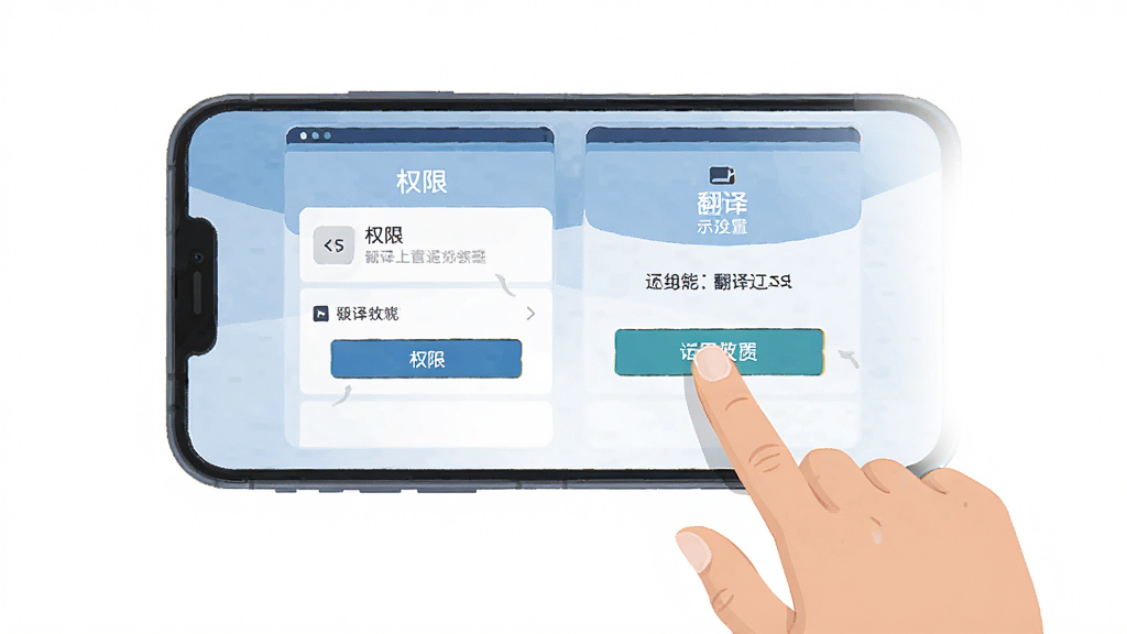 译语翻译通使用教程示意图,画面展示一部手机和一只手正在操作屏幕,屏幕显示权限设置界面和翻译功能入口,主体位于画面中央,布局简洁明了,风格扁平化插画,细节表现手指点击动作和界面元素,画质高清,干净,无多余元素