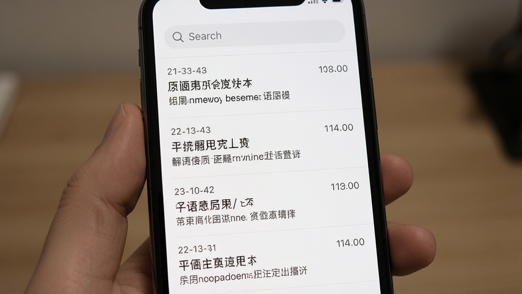 译语翻译通翻译历史记录页面展示,手机屏幕显示按时间排列的翻译条目列表,每条包含原文和译文摘要,顶部有搜索栏,主体居中,布局列表式,风格简约素雅,细节表现时间戳和文字层次,画质高清,干净,无多余元素