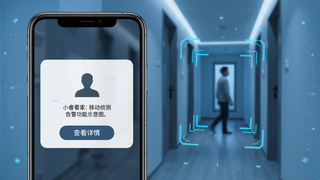 小睿看家移动侦测告警功能示意图,主体为手机屏幕弹出告警通知卡片,卡片上显示有人形轮廓标识与查看详情按钮,屏幕后方是摄像头视角下的家庭走廊场景,走廊尽头有模糊人影移动,画面带有科技感侦测框线,风格为写实与扁平结合,色调偏冷蓝,画质清晰,无多余元素