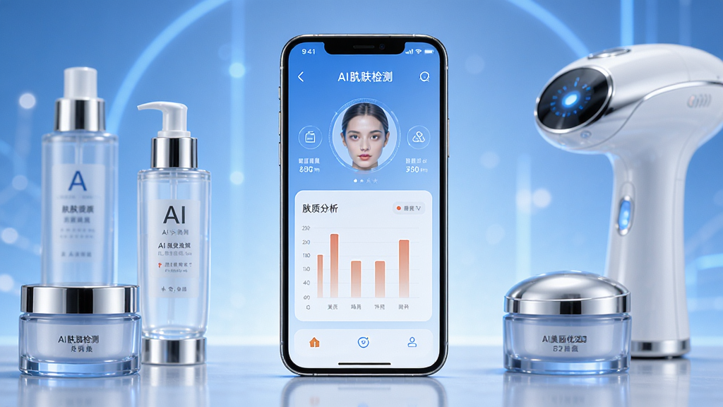 Ai美丽优选软件主界面展示,中央为手机屏幕,屏幕内显示AI肌肤检测界面和肤质分析图表,周围环绕护肤瓶罐和美容仪器,布局居中对称,风格清新科技感,细节包括蓝色调渐变背景和柔和光效,画质高清,干净,无多余元素