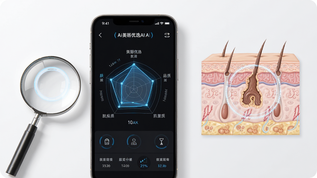 Ai美丽优选AI肌肤检测功能展示,画面主体为手机屏幕显示肤质分析雷达图,旁边放置放大镜和皮肤纹理示意图,布局左右分栏,风格科技简约,细节包括蓝色数据线条和圆形检测光环,画质高清,干净,无多余元素