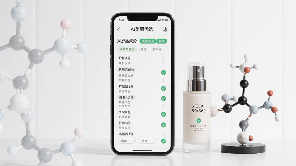 Ai美丽优选产品成分查询界面,手机屏幕显示护肤品成分列表和筛选标签,旁边有化妆品瓶和成分分子结构模型,布局居中,风格现代简约,细节包括白色背景和绿色对勾图标,画质高清,干净,无多余元素