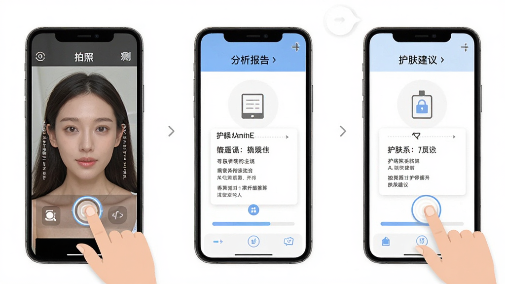 Ai美丽优选移动端操作流程示意图,手机屏幕展示拍照检测、分析报告、护肤建议三个步骤,布局横向排列,风格扁平化,细节包括手指点击图标和进度条,画质高清,干净,无多余元素