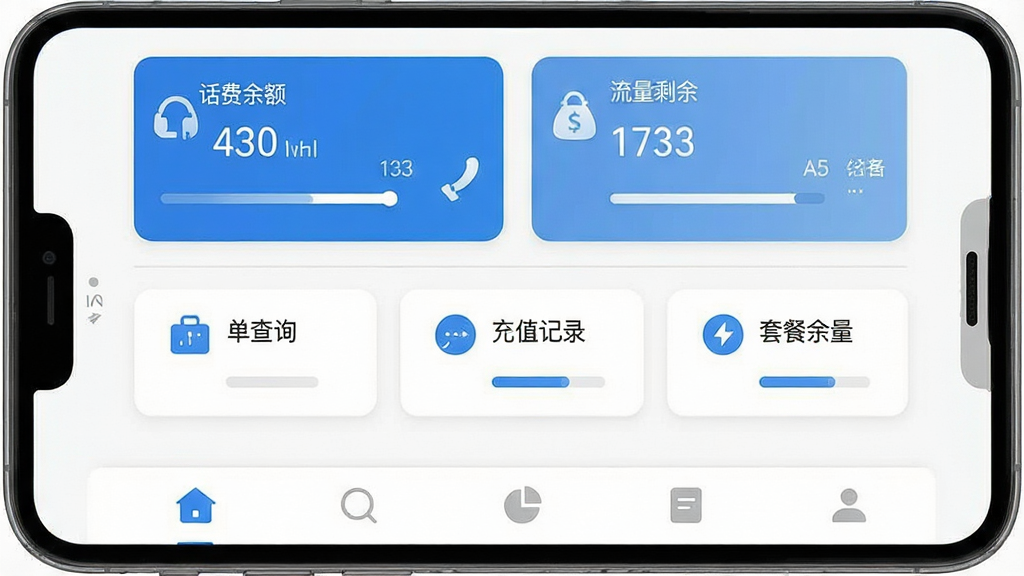 一张手机屏幕展示手机话费流量查询软件主界面,界面以白色和蓝色为主色调,顶部显示话费余额与流量剩余卡片,中部有账单查询、充值记录、套餐余量三个功能按钮,底部为导航栏,整体布局简洁清晰,风格为扁平化手机应用UI设计,细节包括圆形图标、数字进度条、浅灰色分割线,画质高清干净,无多余元素