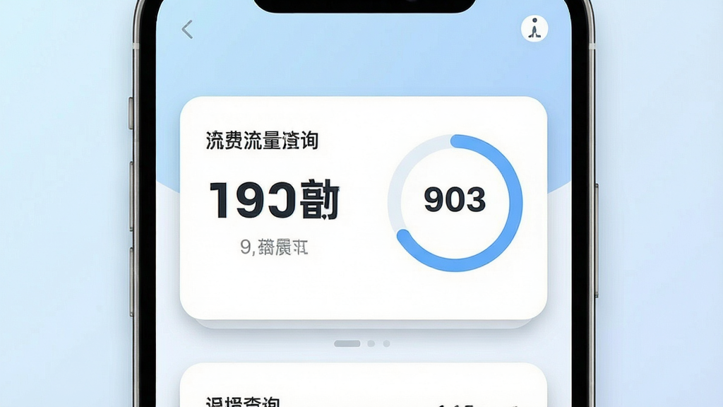 一张手机应用界面截图,画面中央展示手机话费流量查询的余额与流量卡片,卡片上有数字和环形进度条,背景为淡蓝色渐变,风格为现代扁平化UI,细节包括圆角卡片、阴影层次、数字字体加粗,画质高清干净,无多余元素