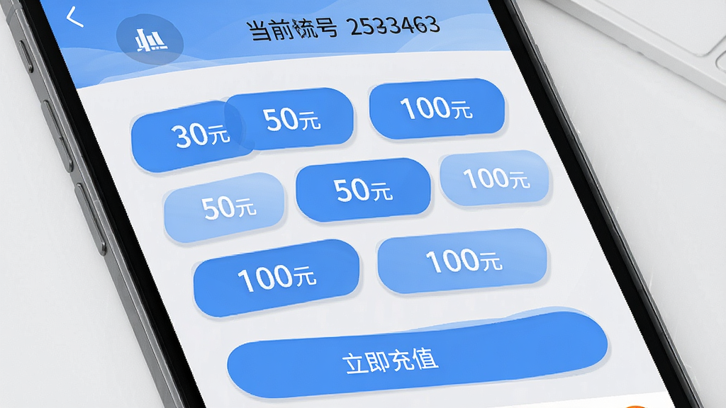 一张手机应用内的充值页面展示图,画面中有多个话费充值面额按钮,如30元、50元、100元,按钮排列整齐,顶部显示当前手机号码,底部有立即充值按钮,风格为简洁商务的手机UI,细节包括圆角按钮、蓝色主色调、浅灰背景,画质高清干净,无多余元素