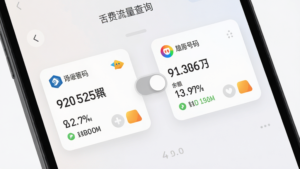 一张手机屏幕展示手机话费流量查询的多卡管理界面,画面中有两张手机卡的信息卡片,分别显示号码、余额、流量,卡片之间有切换按钮,风格为柔和圆角卡片设计,细节包括运营商图标、浅色背景、清晰的文字层级,画质高清干净,无多余元素