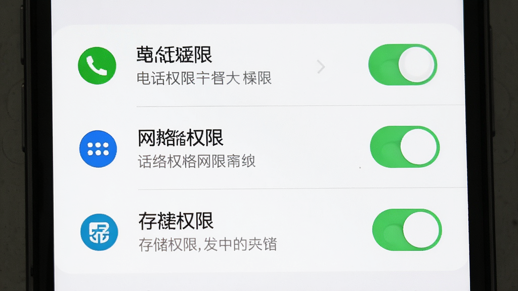 一张手机屏幕展示手机话费流量查询的权限设置引导页面,画面中有电话权限、网络权限、存储权限三个开关选项,背景为白色,风格为简洁明了的手机系统设置界面,细节包括权限图标、开关按钮、说明文字,画质高清干净,无多余元素