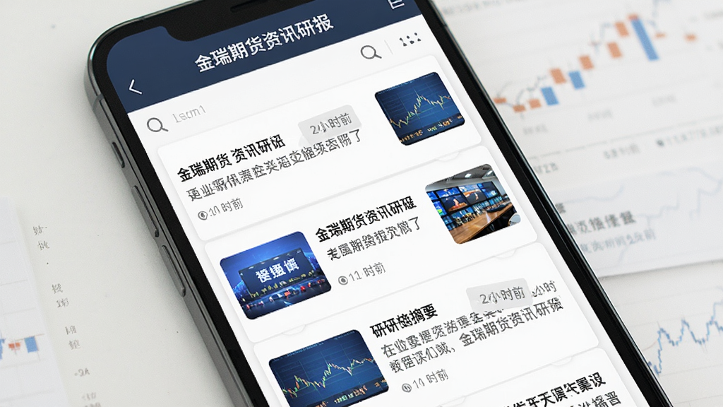 金瑞期货资讯研报页面展示,主体为手机屏幕显示新闻列表与研报摘要,布局为上下滑动式排版,风格为简洁阅读风,细节包含标题文字、时间标签、缩略图,画质高清,干净,无多余元素。