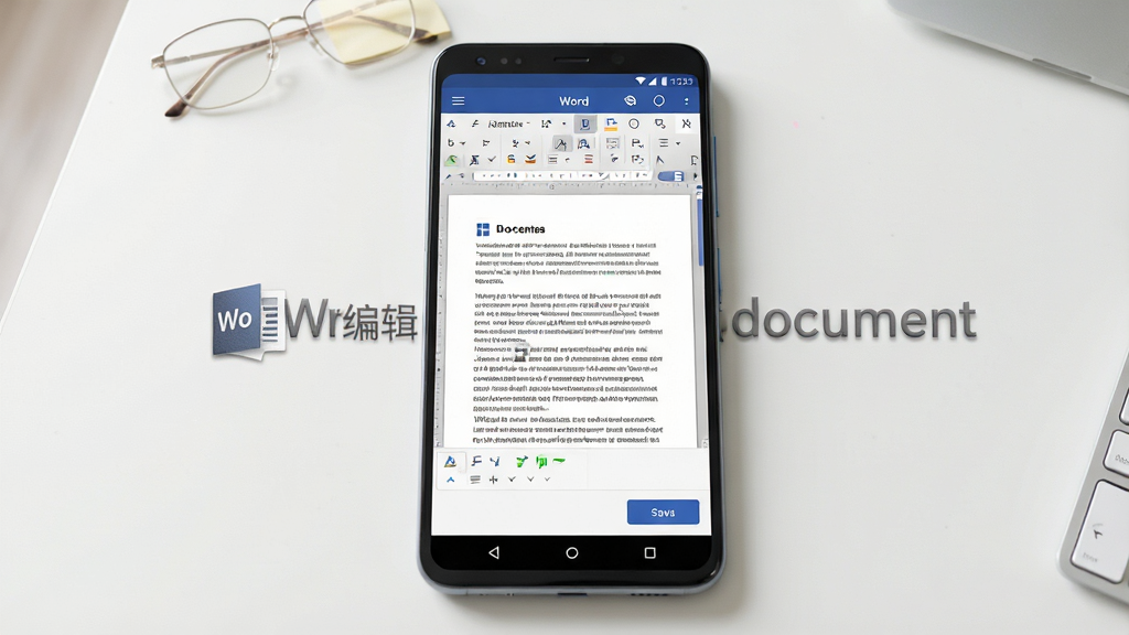 主体为一部安卓手机屏幕,屏幕中展示Word编辑document软件界面,界面中包含文档编辑区域、字体工具栏与保存按钮,布局为手机正面居中展示,背景为干净浅色桌面,排版简洁清晰,风格为写实科技风,细节包括文档文字内容、图标质感与界面阴影,画质高清1080P,干净无多余元素,画面中文字标注“Word编辑document”