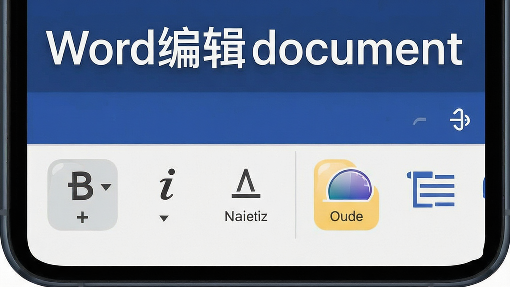主体为手机屏幕特写,屏幕中展示Word编辑document的文字编辑工具栏,包含加粗、斜体、下划线、颜色与对齐图标,布局为工具栏横向排列在屏幕下方,排版紧凑有序,风格为扁平化UI设计,细节包括图标高光、按钮圆角与文字标注,画质高清,干净无多余元素,画面中文字标注“Word编辑document”