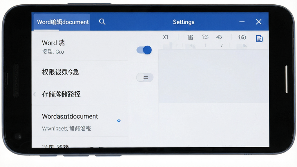 主体为安卓手机屏幕展示Word编辑document的权限设置与存储选择界面,布局为设置菜单列表,背景为浅色,排版清晰,风格为扁平化设计,细节包括权限开关、存储路径选项与提示文字,画质高清,干净无多余元素,画面中文字标注“Word编辑document”