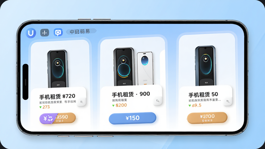 一部智能手机屏幕显示中码易U应用界面,界面中有多款手机租赁选项和价格标签,背景是浅蓝色渐变,主体位于画面中央,布局为手机正面平铺展示,排版简洁,风格为现代科技感,细节包括手机边框圆角、界面图标清晰、按钮有立体感,画质高清,干净,无多余元素