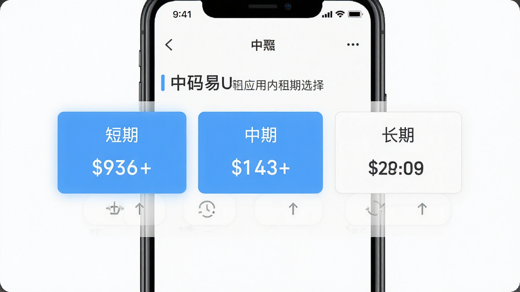 中码易U应用内租期选择界面,画面中央展示三个租期选项卡分别标注短期、中期、长期,每个选项下方有对应的价格说明,主体为手机屏幕截图风格,布局为纵向排列,排版整齐,风格为扁平化设计,细节包括选中状态高亮、价格数字清晰,画质高清,干净,无多余元素