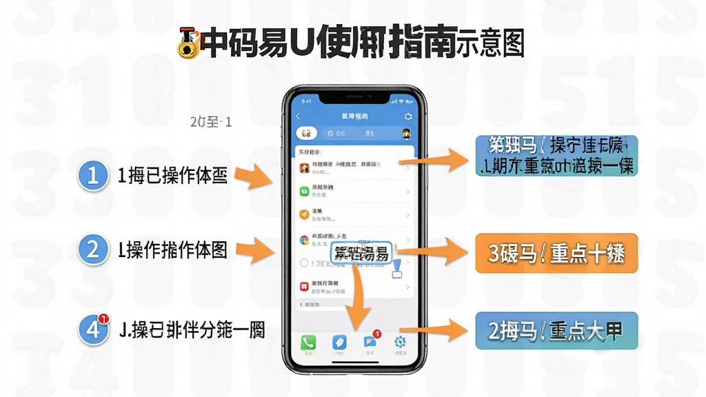 中码易U使用指南示意图,画面中央展示手机操作步骤图解,主体为手机界面截图加箭头指引,布局为纵向流程式排列,排版清晰,风格为教程图示风,细节包括步骤编号、操作箭头、重点标注框,画质高清,干净,无多余元素
