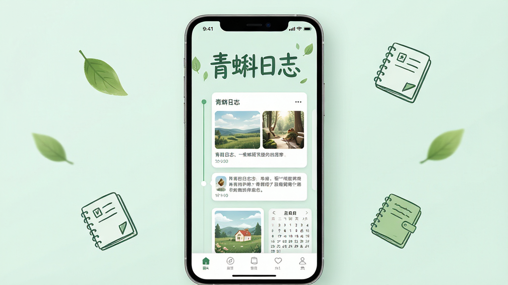青蝌日志应用主界面与功能全貌展示图。主体为一个竖屏智能手机,屏幕上显示着青蝌日志的首页时间线,背景为淡雅的青绿色调,画面中央上方有醒目的“青蝌日志”艺术字体。布局采用中心对焦方式,手机周围散落着几片漂浮的绿色树叶与手写风格的日记本图标,象征记录与成长。排版简洁明快,风格定位为清新极简与治愈系,细节上屏幕内展示出图文混排的日记卡片、日历视图入口以及底部导航栏。画质要求4K分辨率,干净明亮,无多余杂乱元素,光影柔和自然。