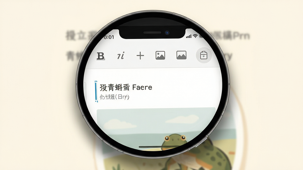 青蝌日志极简记录界面特写图。主体是一个手机屏幕放大展示,屏幕上显示着一篇正在编辑的图文日记,光标闪烁,上方工具栏有加粗、斜体、插入图片等简洁图标。布局采用居中特写,背景为柔和的米白色,手机边缘有轻微的阴影投射。风格为现代扁平化与极简主义,细节上体现编辑器的流畅交互感,画面干净清爽。画质高清,无多余装饰元素,整体色调温暖舒适。