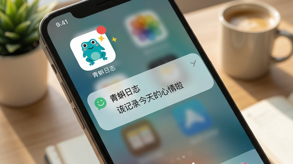 青蝌日志习惯养成与提醒功能展示图。主体是一个手机通知弹窗界面,弹窗内显示着青蝌日志的每日提醒通知,文字内容为“该记录今天的心情啦”,背景是手机主屏幕,主屏幕上有一个明显的青蝌日志应用图标,图标下方有小红点提示。布局采用斜向视角展示手机,背景为柔和的书桌场景,有绿植与咖啡杯点缀。风格为生活化与温馨感,细节上通知卡片带有毛玻璃效果。画质清晰,光影自然,无多余干扰元素。