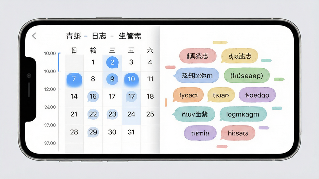 青蝌日志分类检索与时间轴管理界面图。主体是一个手机屏幕,屏幕上展示着日历视图与标签云的交错排列,左侧是时间轴列表,右侧是彩色标签分类。布局采用分屏对比展示,背景为浅灰色,手机屏幕内文字清晰可辨。风格为商务简约与信息可视化,细节上日历日期有高亮标记,标签颜色柔和区分。画质高清,界面整洁有序,无多余装饰。