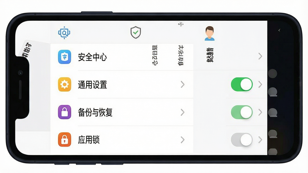 青蝌日志手机端设置与权限管理界面图。主体是一个手机屏幕,屏幕上展示着青蝌日志的“我的”页面,页面内包含安全中心、通用设置、备份与恢复等列表项,其中“应用锁”开关处于开启状态。布局采用垂直列表展示,背景为纯白色,手机边框为深色。风格为清爽工具类应用界面,细节上每个设置项左侧有彩色小图标,右侧有箭头指示。画质清晰,文字边缘锐利,无多余元素,整体视觉干净利落。