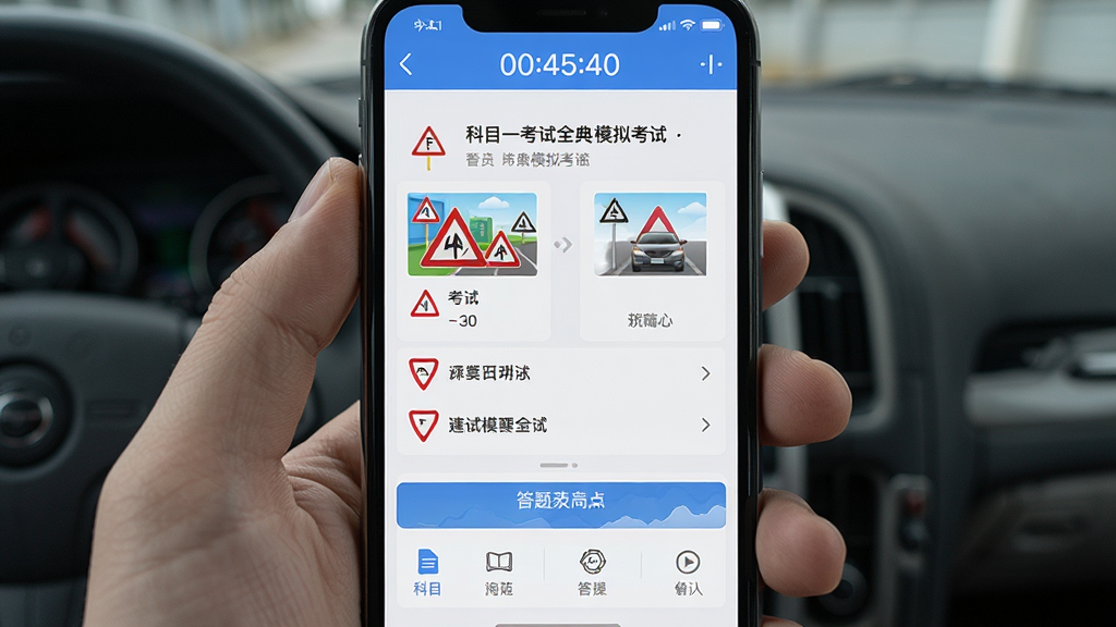 科目一考试全典 模拟考试界面 手机屏幕显示考试题目和选项 顶部有倒计时 底部有答题卡 布局居中 风格写实 细节包含交通标志图片 画质清晰 干净 无多余元素