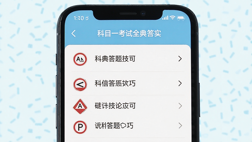 科目一考试全典 答题技巧页面 手机屏幕显示口诀文字和图标 布局为列表式 排版整齐 风格清新 细节包含交通标志小图标 画质清晰 干净 无多余元素