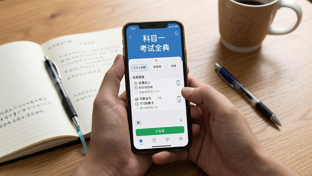 科目一考试全典 使用场景 手机放在桌面 屏幕显示刷题界面 布局为第一人称视角 风格生活化 细节包含笔记本和笔 画质清晰 干净 无多余元素