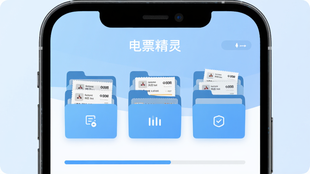 电票精灵智能归集功能界面,画面展示手机屏幕中电子发票自动分类进入不同文件夹,屏幕上方显示电票精灵名称,背景为浅蓝色渐变,风格为扁平化设计,细节包括文件夹图标、发票缩略图、进度条,画质清晰干净无多余元素