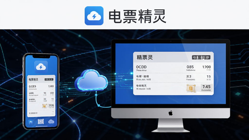 电票精灵多端同步示意图,画面展示手机与电脑之间通过云端连接同步发票数据,屏幕上方显示电票精灵名称,背景为科技感线条,风格为现代简约,细节包括云图标、设备图标、数据流动线条,画质清晰干净无多余元素