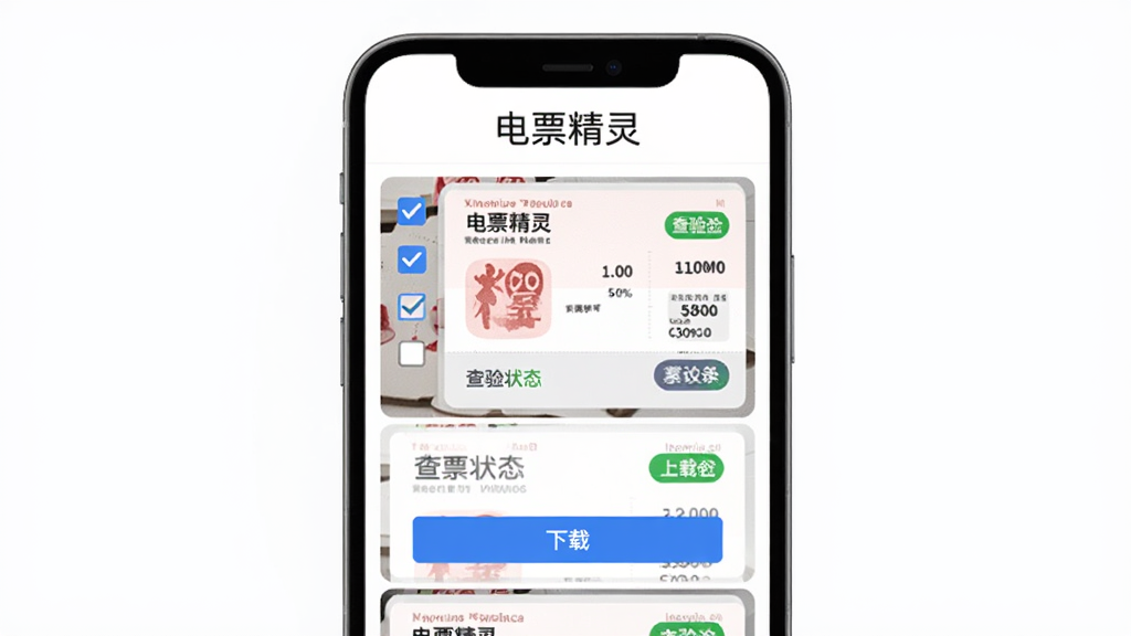 电票精灵批量查验功能界面,画面展示手机屏幕中多张发票同时显示查验状态,屏幕上方有电票精灵文字,背景为白色简洁风格,细节包括勾选框、查验状态标签、下载按钮,画质清晰干净无多余元素