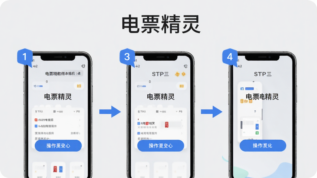 电票精灵移动端使用教程示意图,画面展示手机屏幕中分步骤操作指引,屏幕上方显示电票精灵文字,背景为浅灰色,风格为简洁教程风,细节包括步骤编号、箭头指示、操作按钮,画质清晰干净无多余元素