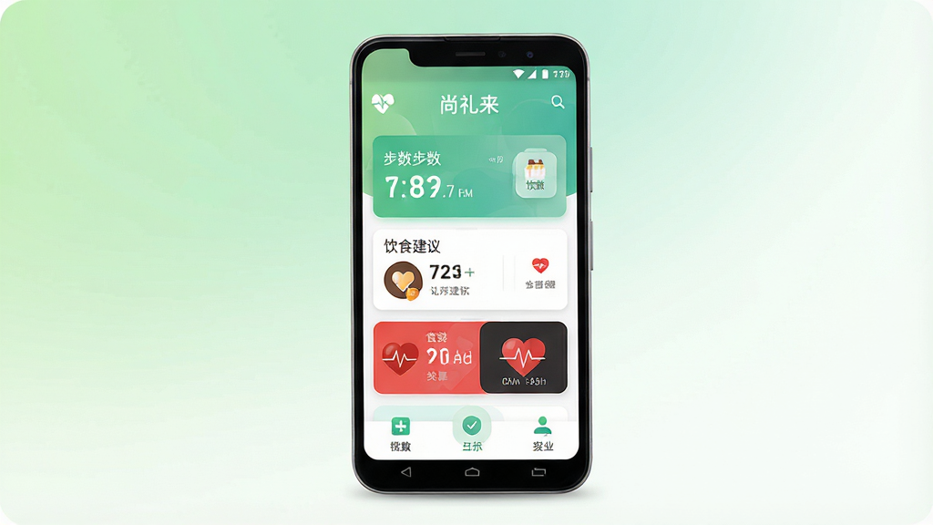 一张展示尚礼来手机应用主界面的图片,画面中央是一部安卓手机,屏幕上显示尚礼来的健康数据看板和功能图标,背景是柔和的浅绿色与白色渐变,布局简洁清晰,风格现代科技感,细节包括步数记录、饮食建议卡片、心率监测图标等,画质高清,干净无多余元素,图中文字显示“尚礼来”