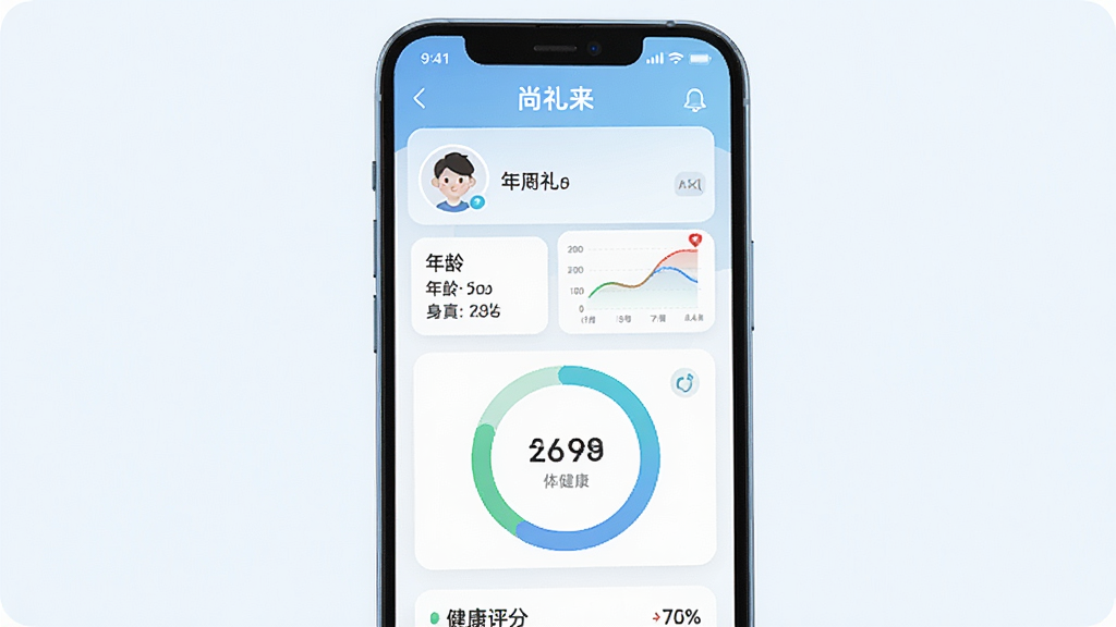 一幅AI生图,展示尚礼来应用中的健康档案界面,主体是一部手机,屏幕上显示用户头像、年龄、身高体重数据以及健康评分环形图,布局在手机屏幕中央,风格清新简约,浅蓝色与白色配色,细节有数据卡片和图表,画质高清,干净无多余元素,图中文字显示“尚礼来”
