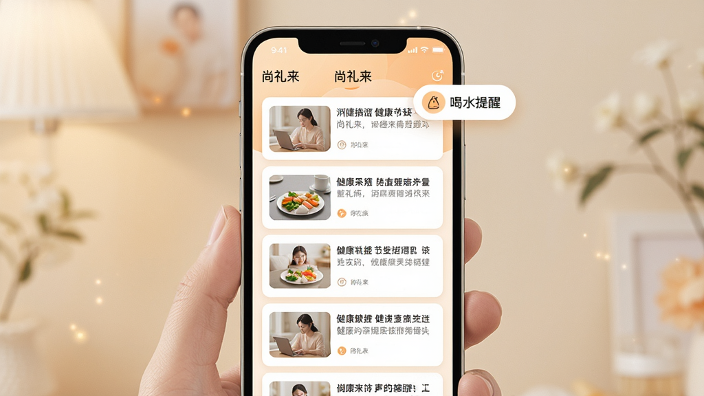 一张尚礼来应用内健康资讯列表的AI生图,主体为手机屏幕,显示多篇健康文章卡片,配有缩略图和标题,布局为垂直滚动列表,风格温暖柔和,米色与淡橙色背景,细节有“喝水提醒”悬浮按钮,画质高清,干净无多余元素,图中文字显示“尚礼来”