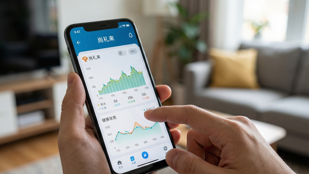 一张展示尚礼来在安卓手机上运行流畅的AI生图,主体为手持手机,屏幕显示应用界面,背景为居家环境,布局为近景特写,风格写实生活化,细节有手指点击屏幕、健康数据图表,画质高清,干净无多余元素,图中文字显示“尚礼来”