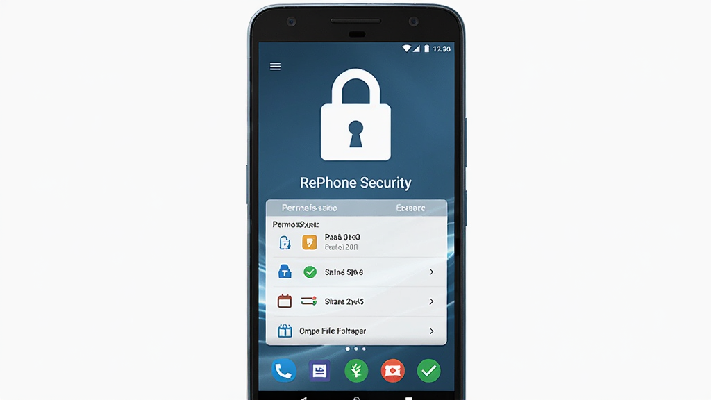 一部安卓手机屏幕显示“RePhone Security”隐私保护界面,主体为手机与锁形图标,布局为手机正面、锁图标悬浮于屏幕上方,排版对称,风格为简洁安全的视觉设计,细节包括权限列表、加密文件夹、绿色对勾标识,画质高清,干净,无多余元素