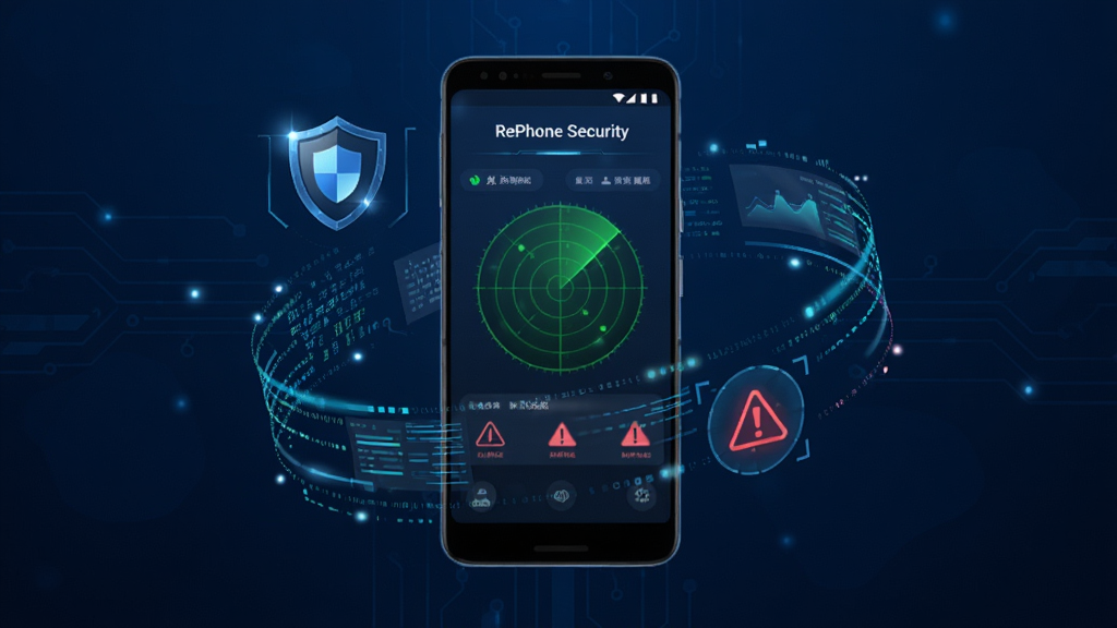 一部安卓手机悬浮在深蓝色科技背景中,手机屏幕显示“RePhone Security”实时监控面板,主体为手机与数据流,布局为手机居中、周围环绕动态数据线条,排版突出科技感,风格为未来感数字艺术,细节包括盾牌、雷达扫描、红色警告图标,画质高清,干净,无多余元素