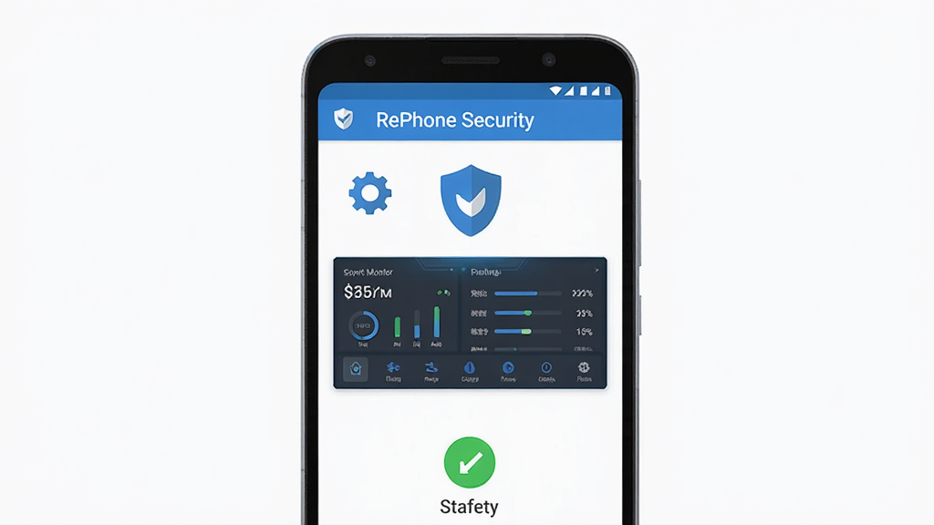 一部安卓手机屏幕中央显示“RePhone Security”应用界面,主体为手机正面特写,布局居中,排版简洁,风格为科技蓝与白色搭配的扁平化设计,细节包括盾牌图标、实时监控数据面板、绿色安全状态标识,画质高清,干净,无多余元素
