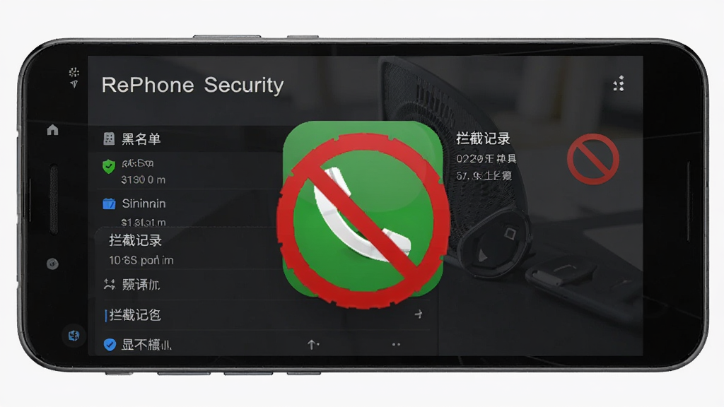 一部安卓手机屏幕显示“RePhone Security”骚扰拦截界面,主体为手机与电话拦截图标,布局为手机正面、拦截图标位于屏幕中央,排版清晰,风格为简约商务风,细节包括黑名单列表、拦截记录、红色禁止符号,画质高清,干净,无多余元素
