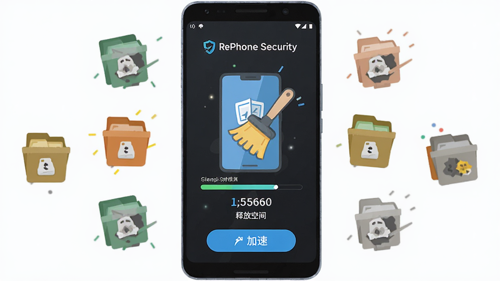 一部安卓手机屏幕显示“RePhone Security”清理加速界面,主体为手机与清洁刷图标,布局为手机居中、周围环绕垃圾文件图标,排版活泼,风格为清新明亮的扁平化设计,细节包括进度条、释放空间数值、加速按钮,画质高清,干净,无多余元素
