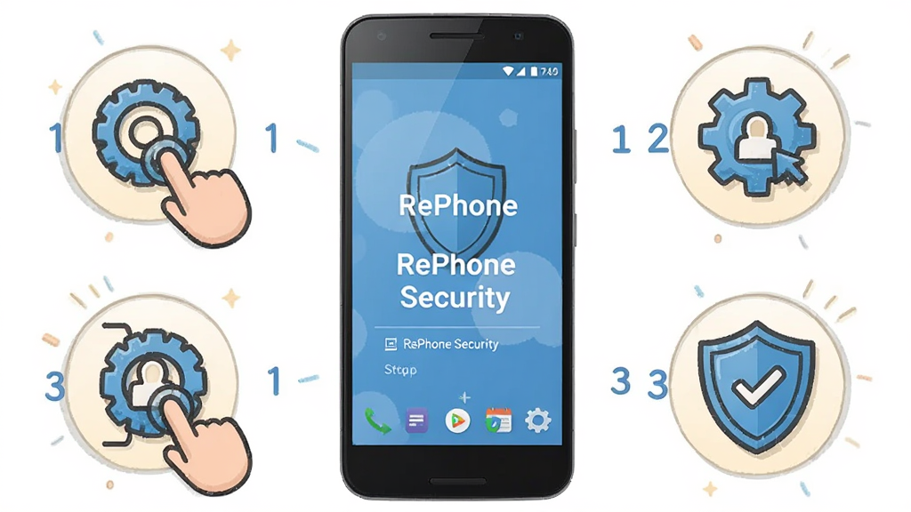 一部安卓手机屏幕显示“RePhone Security”使用指南界面,主体为手机与操作步骤图标,布局为手机居中、步骤图标环绕,排版教程风格,风格为友好亲切的插画风,细节包括手指点击、设置齿轮、盾牌图标,画质高清,干净,无多余元素